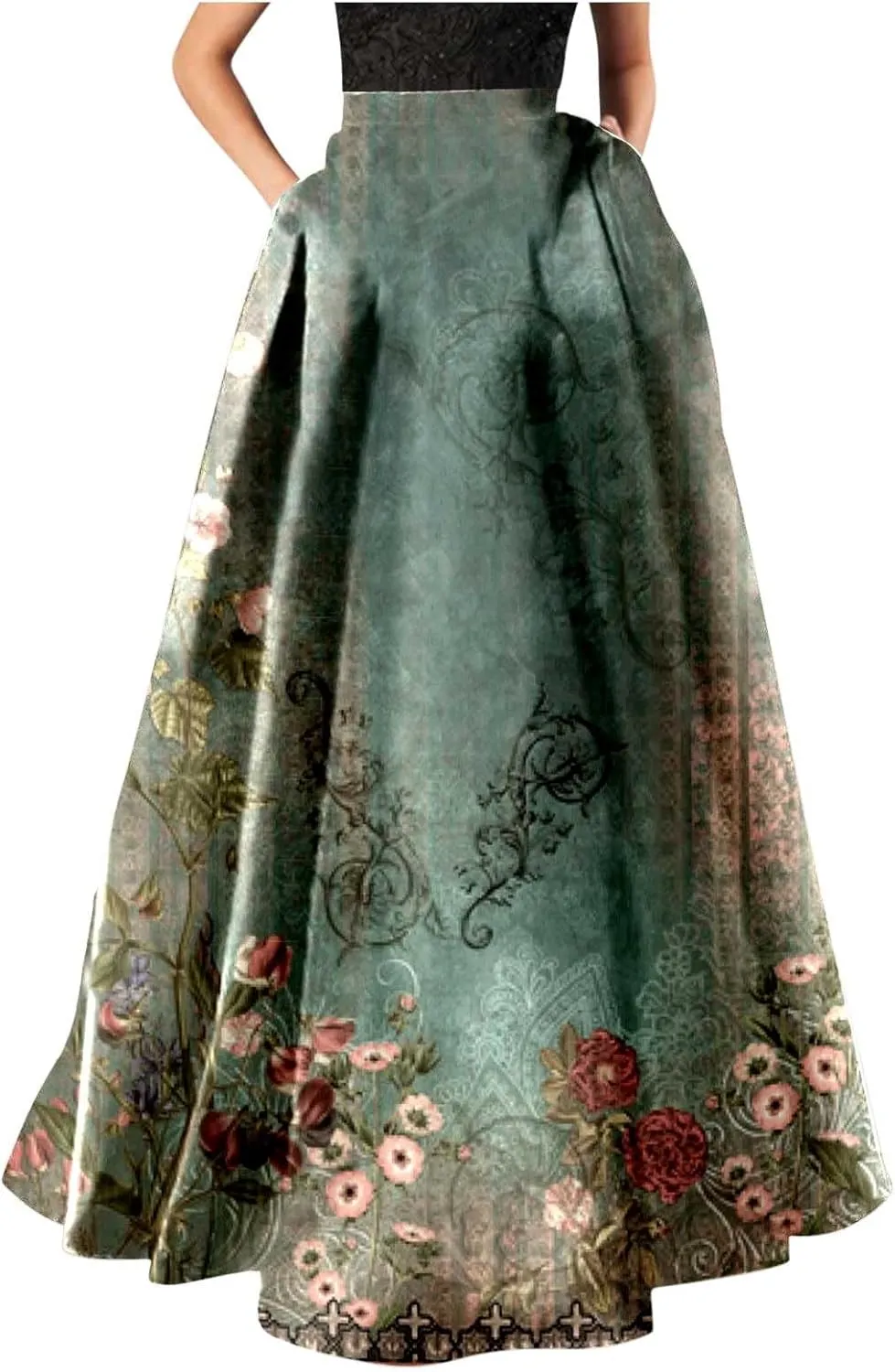 Womens Floral Print Boho Maxi Skirt Elastic High Waisted Tiered Ruffle Flowy Long Summer Beach Skirt with Pockets