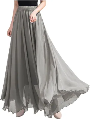 Womens Flowy Chiffon Maxi Skirts Summer Elastic High Waisted Layered Beach Skorts Solid Color Fashion Elegant Skirt