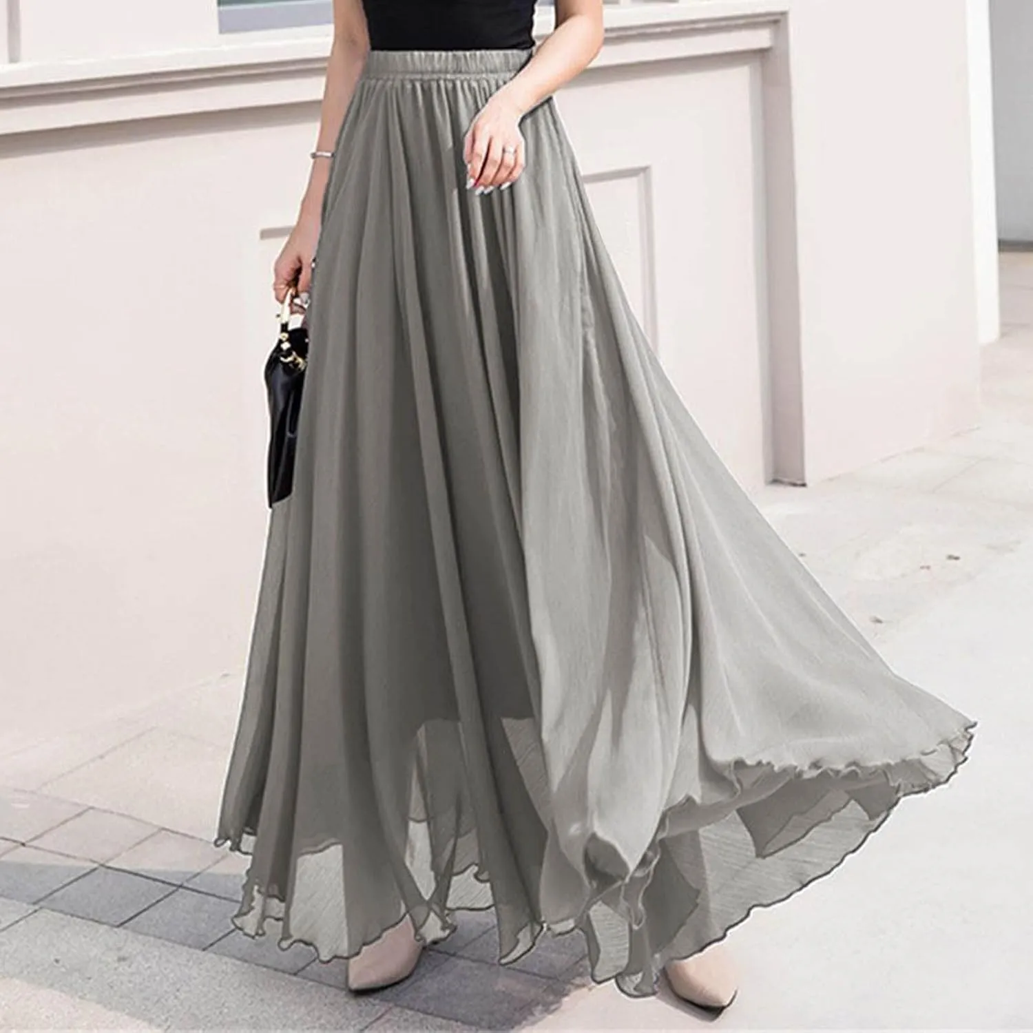 Womens Flowy Chiffon Maxi Skirts Summer Elastic High Waisted Layered Beach Skorts Solid Color Fashion Elegant Skirt