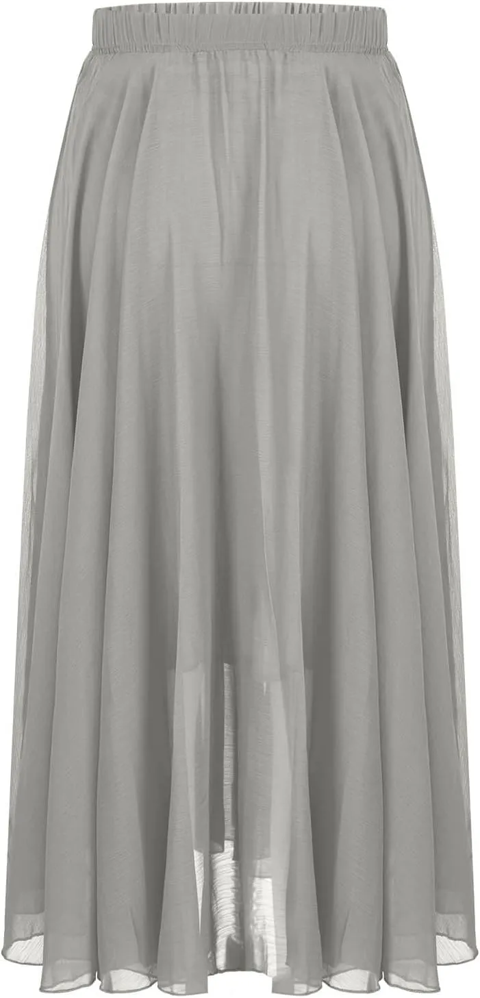 Womens Flowy Chiffon Maxi Skirts Summer Elastic High Waisted Layered Beach Skorts Solid Color Fashion Elegant Skirt