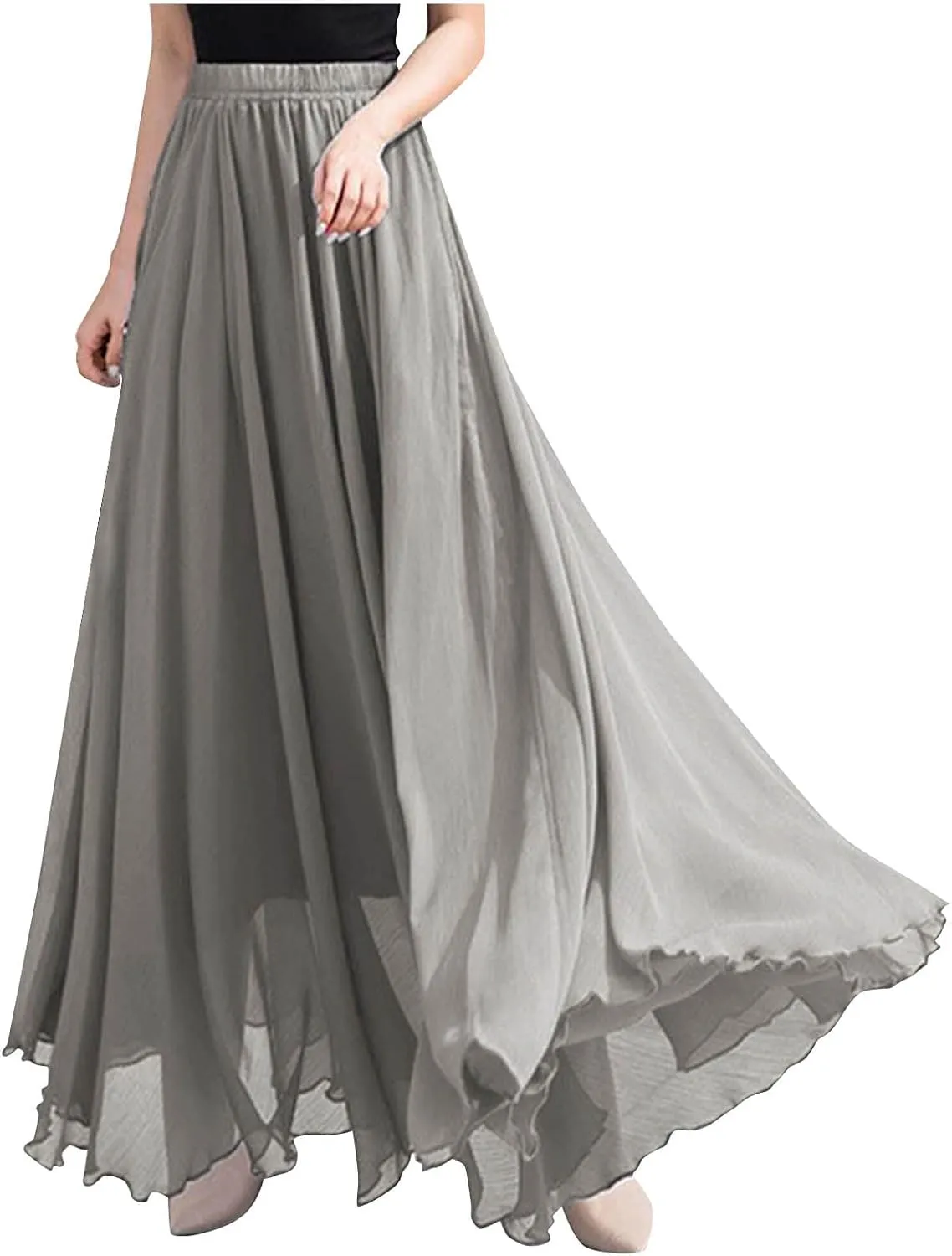 Womens Flowy Chiffon Maxi Skirts Summer Elastic High Waisted Layered Beach Skorts Solid Color Fashion Elegant Skirt