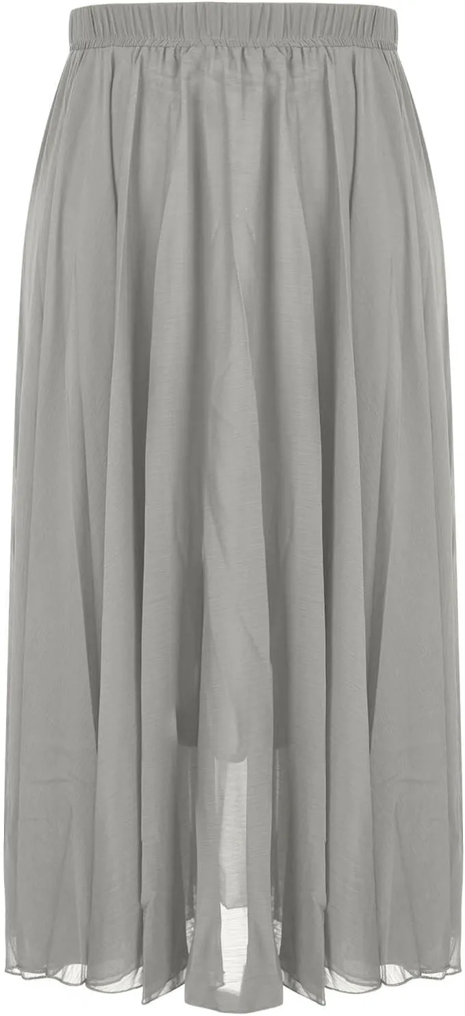 Womens Flowy Chiffon Maxi Skirts Summer Elastic High Waisted Layered Beach Skorts Solid Color Fashion Elegant Skirt