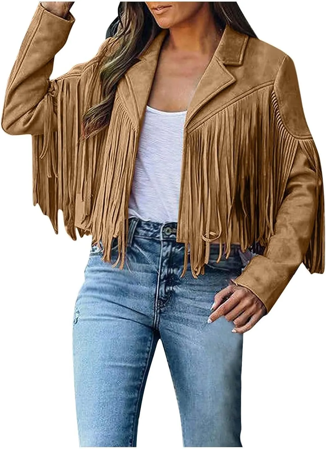 Women's Fringe Jackets Suede Tassel Jacket Crop Moto Biker Jackets Open Front Tassel Coat Western Cowgitl Outfits