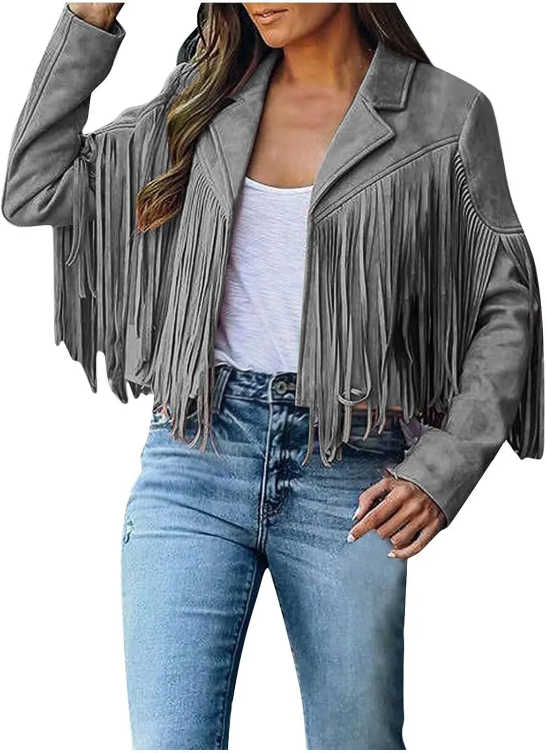 Women's Fringe Jackets Suede Tassel Jacket Crop Moto Biker Jackets Open Front Tassel Coat Western Cowgitl Outfits