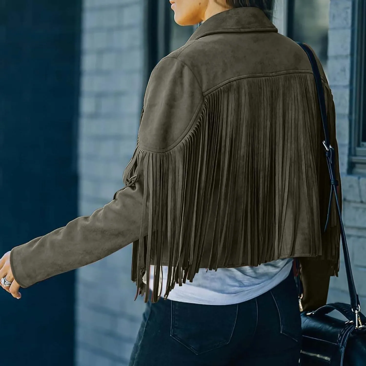 Women's Fringe Jackets Suede Tassel Jacket Crop Moto Biker Jackets Open Front Tassel Coat Western Cowgitl Outfits