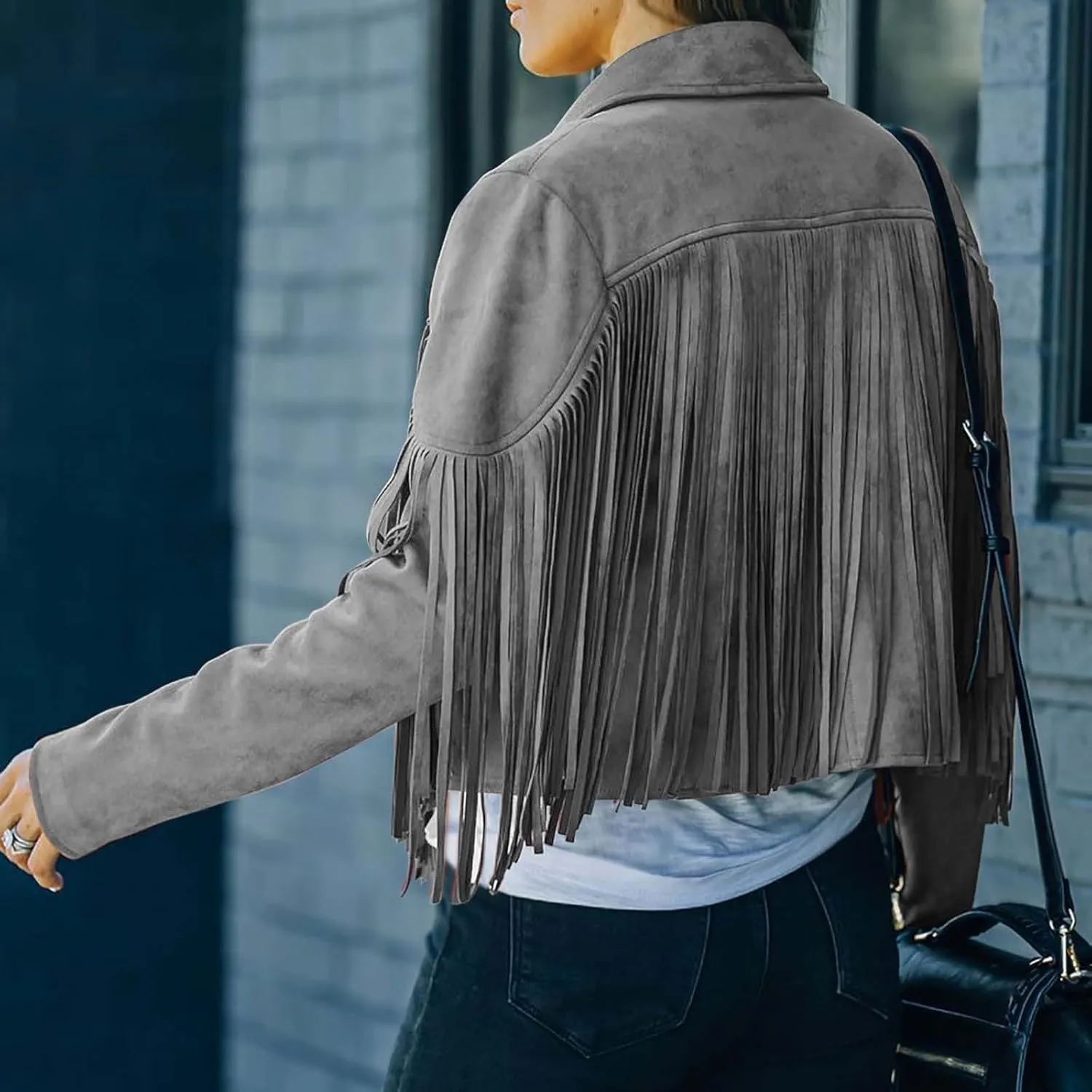 Women's Fringe Jackets Suede Tassel Jacket Crop Moto Biker Jackets Open Front Tassel Coat Western Cowgitl Outfits