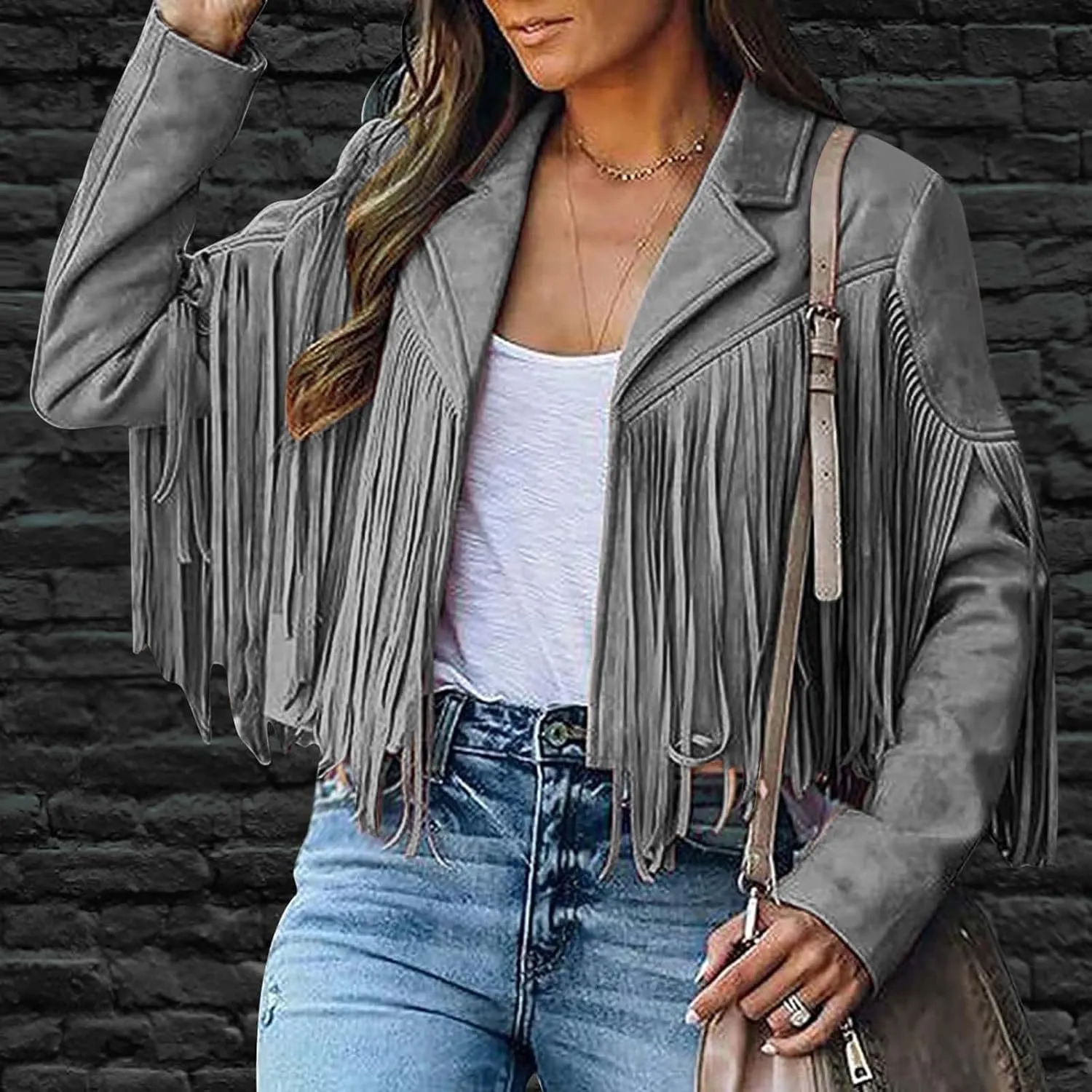 Women's Fringe Jackets Suede Tassel Jacket Crop Moto Biker Jackets Open Front Tassel Coat Western Cowgitl Outfits