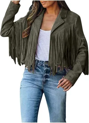 Women's Fringe Jackets Suede Tassel Jacket Crop Moto Biker Jackets Open Front Tassel Coat Western Cowgitl Outfits