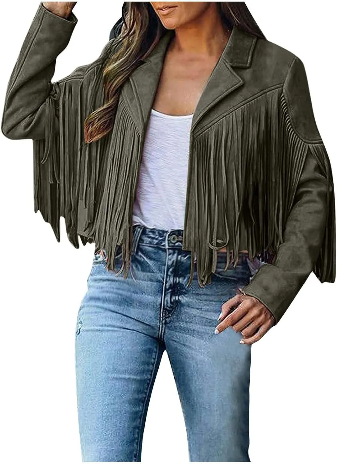 Women's Fringe Jackets Suede Tassel Jacket Crop Moto Biker Jackets Open Front Tassel Coat Western Cowgitl Outfits