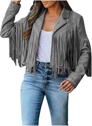 Women's Fringe Jackets Suede Tassel Jacket Crop Moto Biker Jackets Open Front Tassel Coat Western Cowgitl Outfits