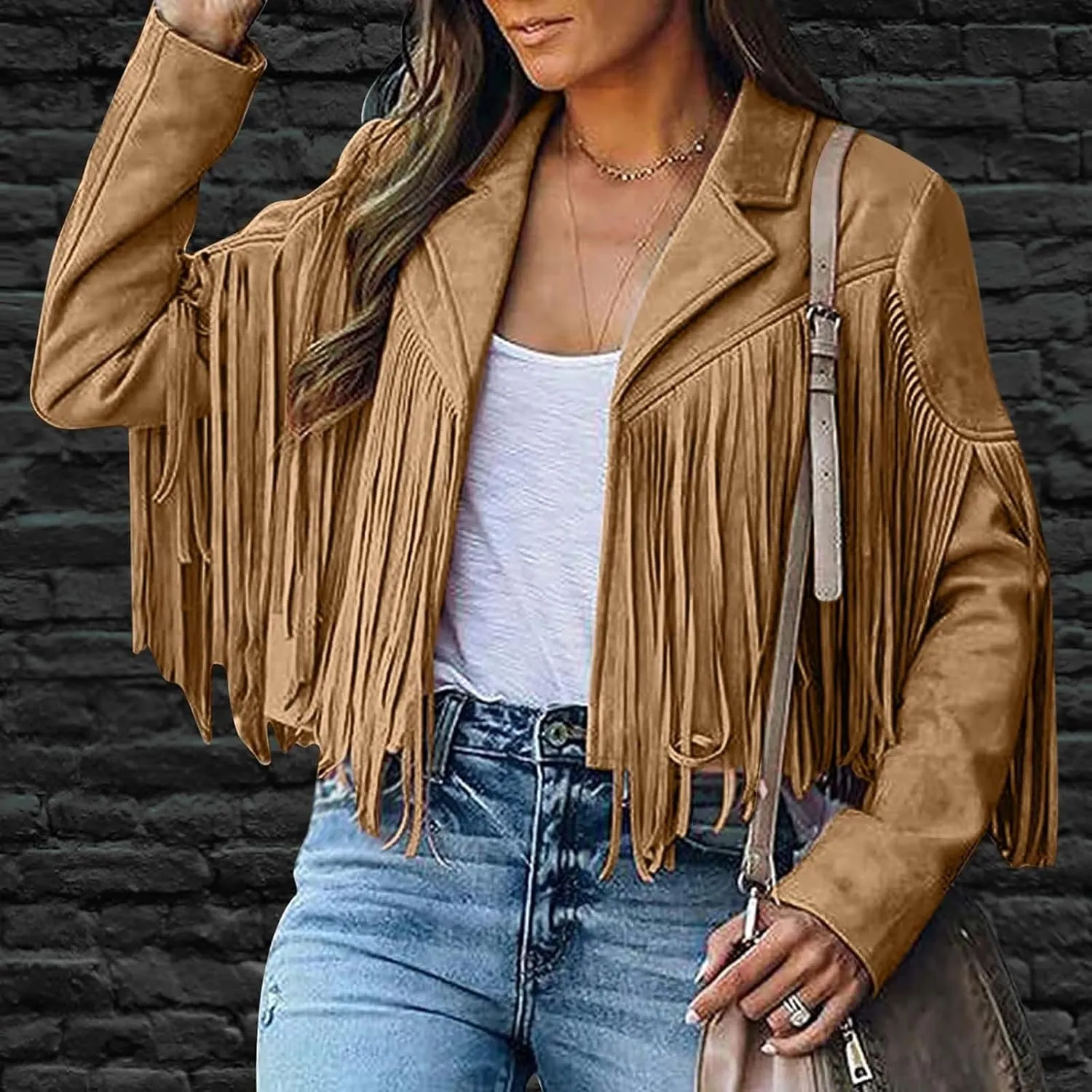Women's Fringe Jackets Suede Tassel Jacket Crop Moto Biker Jackets Open Front Tassel Coat Western Cowgitl Outfits