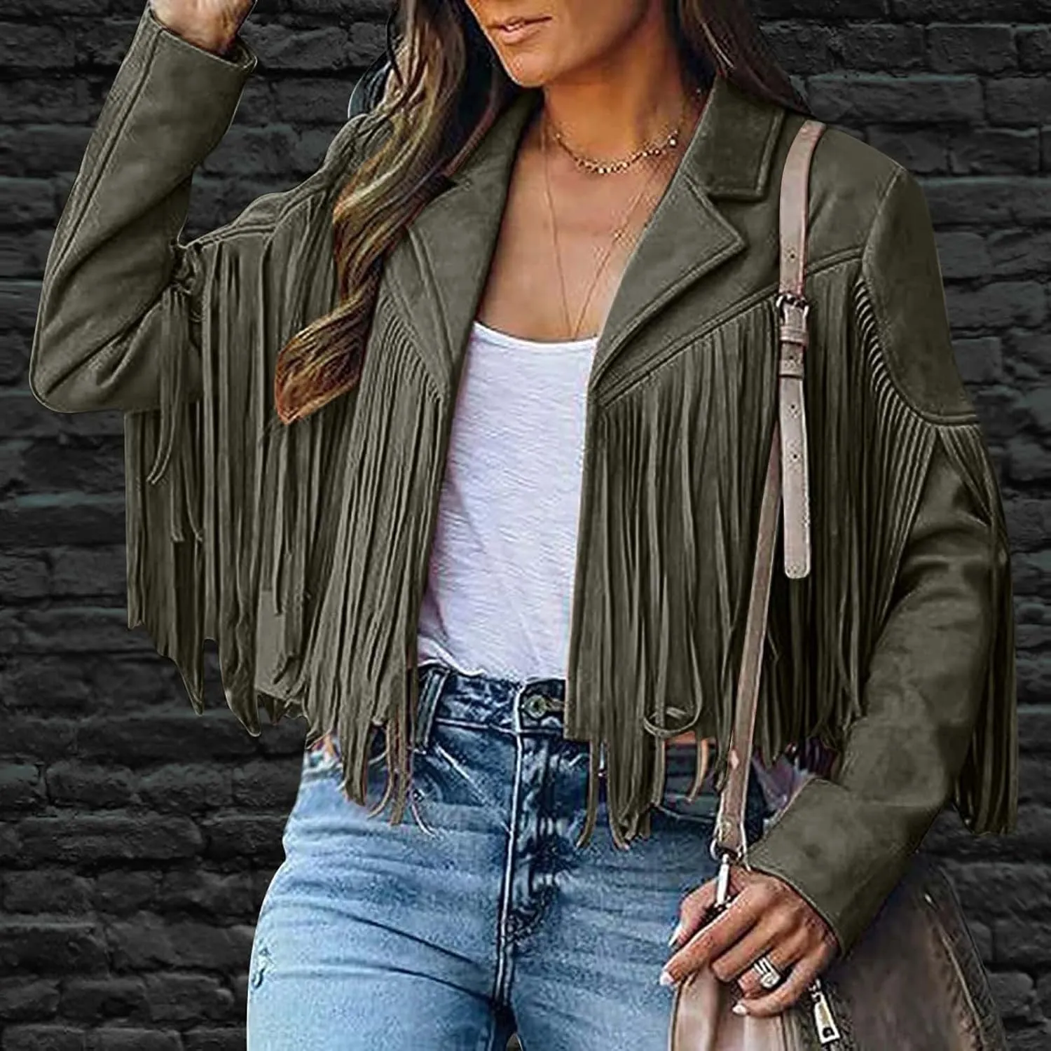 Women's Fringe Jackets Suede Tassel Jacket Crop Moto Biker Jackets Open Front Tassel Coat Western Cowgitl Outfits