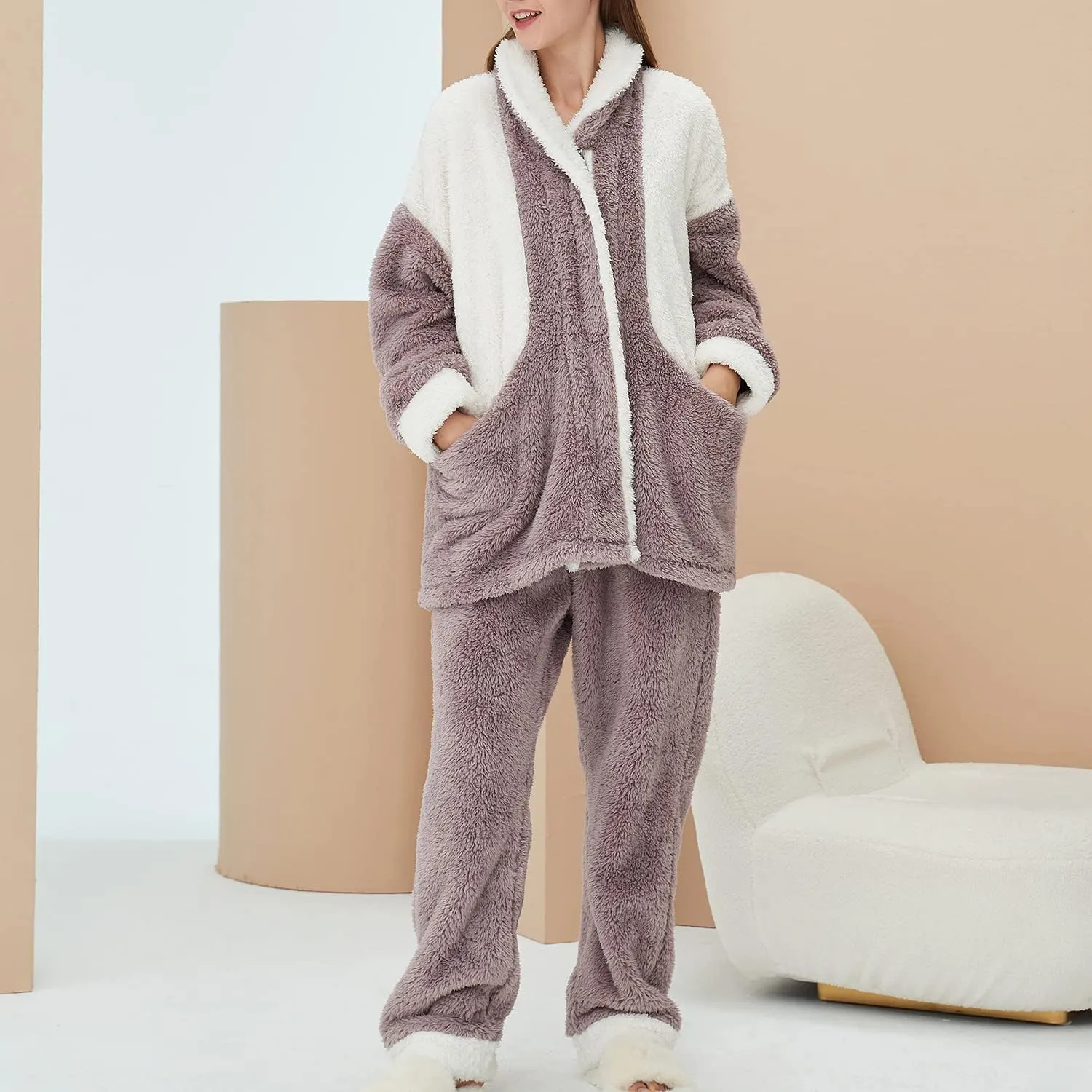 Women's Fuzzy Fleece Pajama Set 2 Piece Chunky Long Sleeve Shirt Pants Cozy Plush Pjs Mock Neck Lounge Set