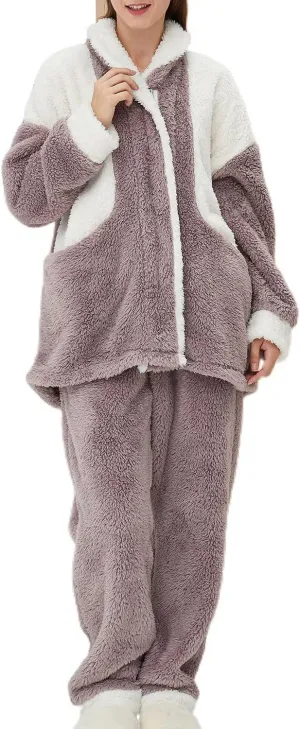 Women's Fuzzy Fleece Pajama Set 2 Piece Chunky Long Sleeve Shirt Pants Cozy Plush Pjs Mock Neck Lounge Set