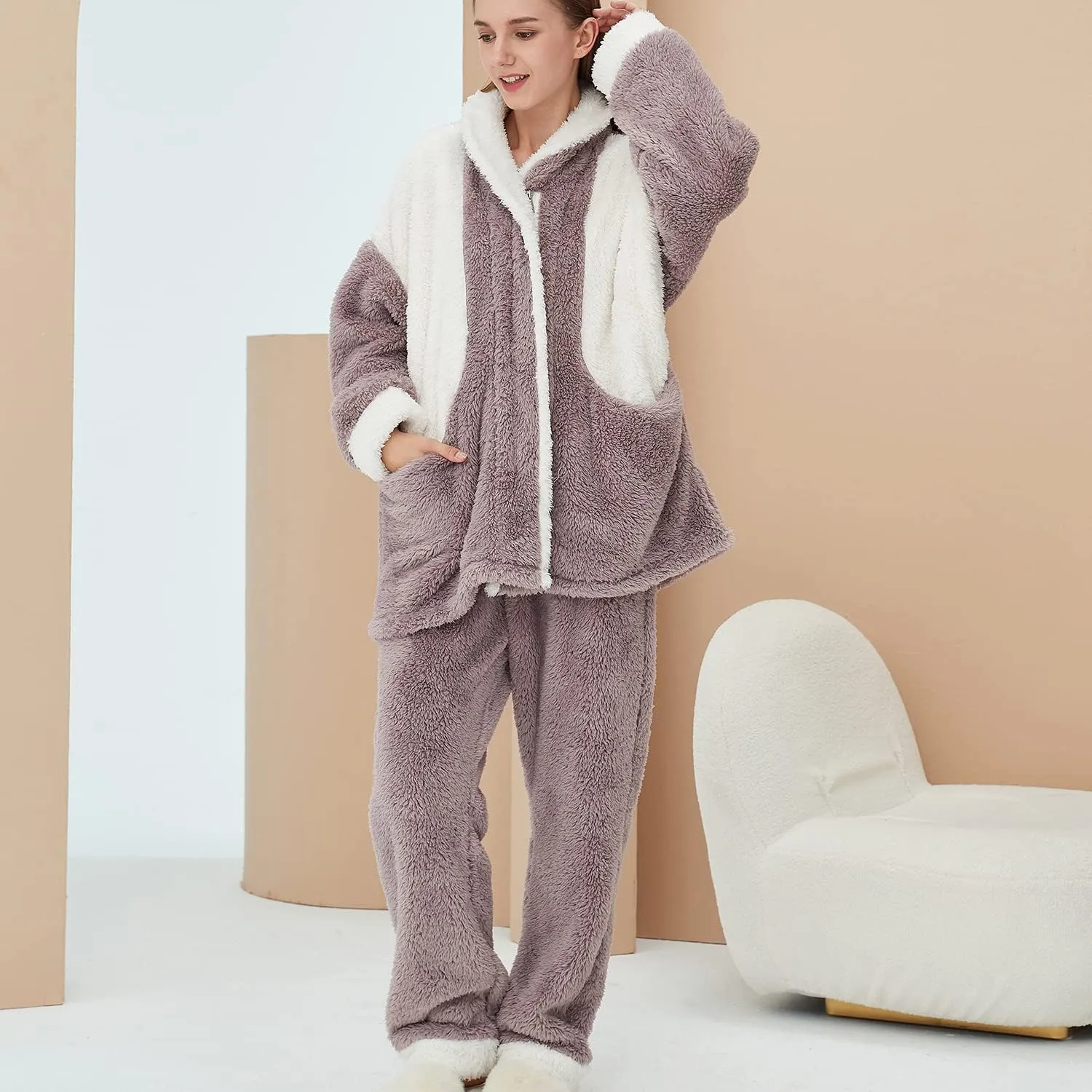 Women's Fuzzy Fleece Pajama Set 2 Piece Chunky Long Sleeve Shirt Pants Cozy Plush Pjs Mock Neck Lounge Set