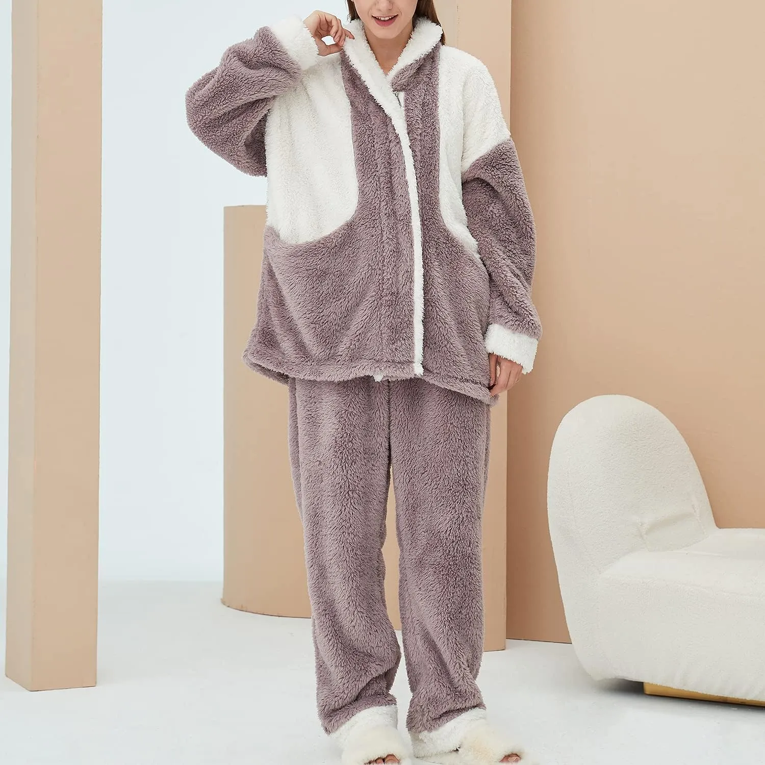 Women's Fuzzy Fleece Pajama Set 2 Piece Chunky Long Sleeve Shirt Pants Cozy Plush Pjs Mock Neck Lounge Set