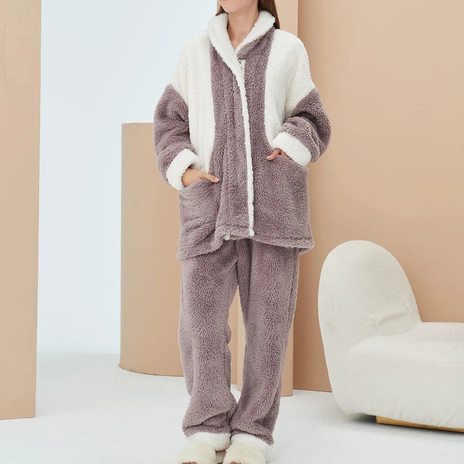 Women's Fuzzy Fleece Pajama Set 2 Piece Chunky Long Sleeve Shirt Pants Cozy Plush Pjs Mock Neck Lounge Set