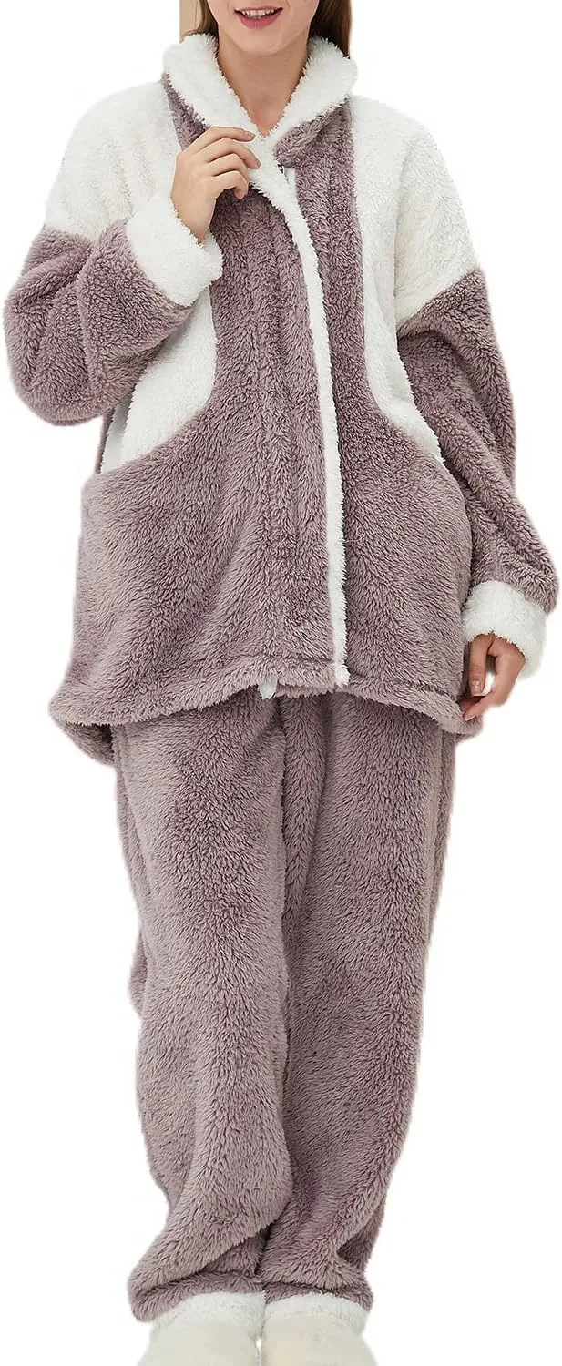 Women's Fuzzy Fleece Pajama Set 2 Piece Chunky Long Sleeve Shirt Pants Cozy Plush Pjs Mock Neck Lounge Set