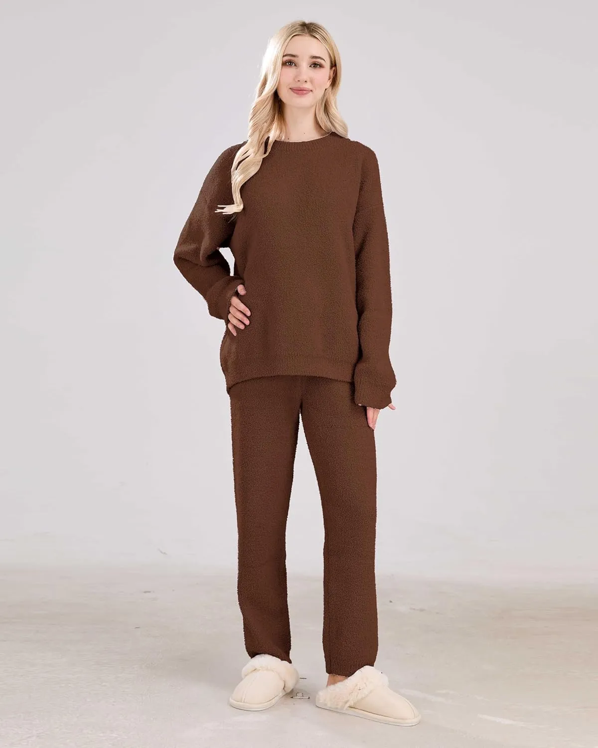 Women's Fuzzy Fleece Pajama Sets 2 Piece Lounge Set Long Sleeve Top Wide Leg Pants Casual Matching Set