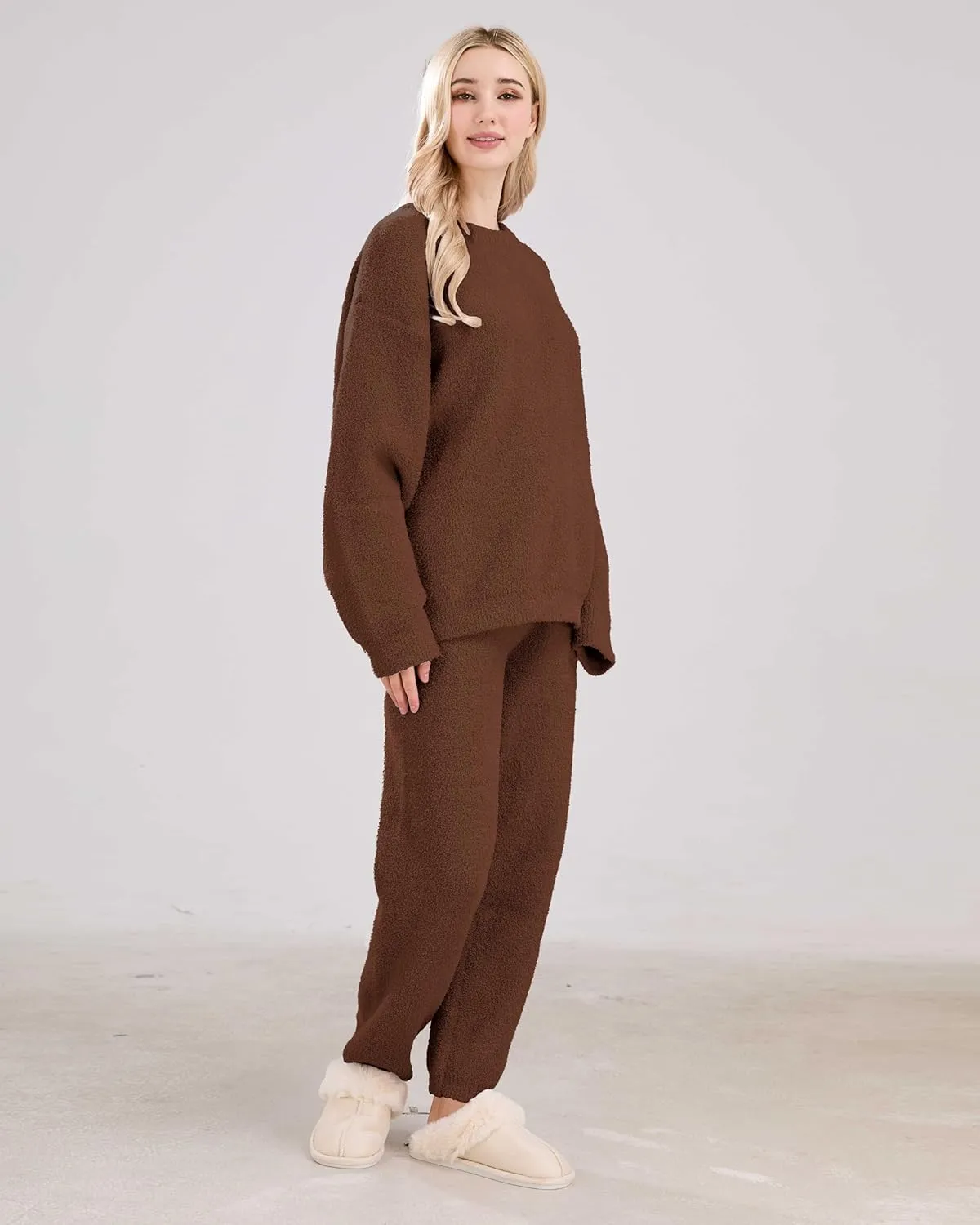 Women's Fuzzy Fleece Pajama Sets 2 Piece Lounge Set Long Sleeve Top Wide Leg Pants Casual Matching Set