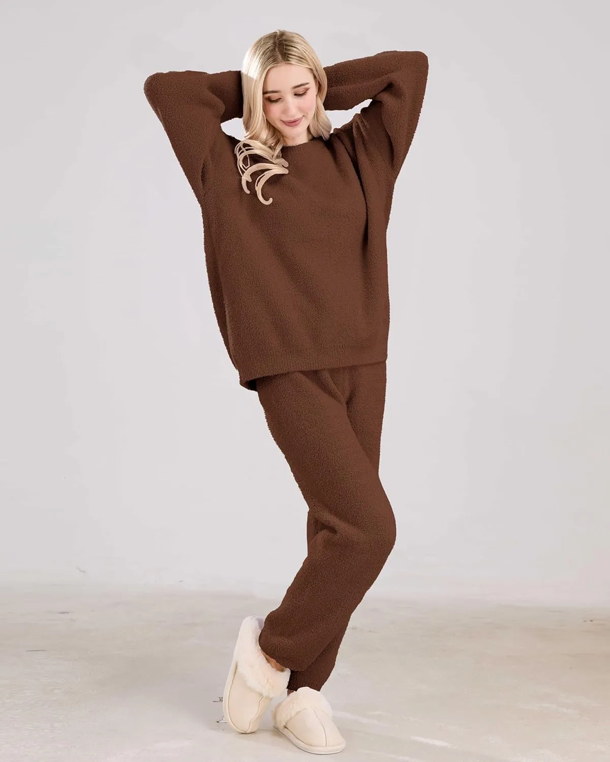 Women's Fuzzy Fleece Pajama Sets 2 Piece Lounge Set Long Sleeve Top Wide Leg Pants Casual Matching Set