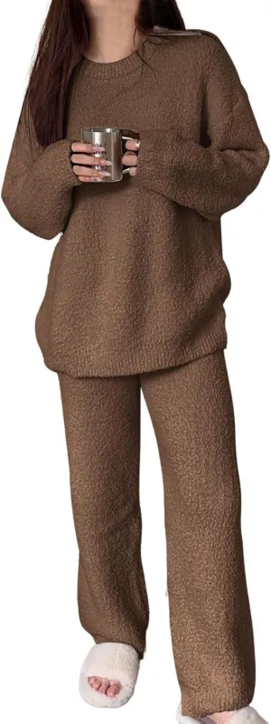 Women's Fuzzy Fleece Pajama Sets 2 Piece Lounge Set Long Sleeve Top Wide Leg Pants Casual Matching Set