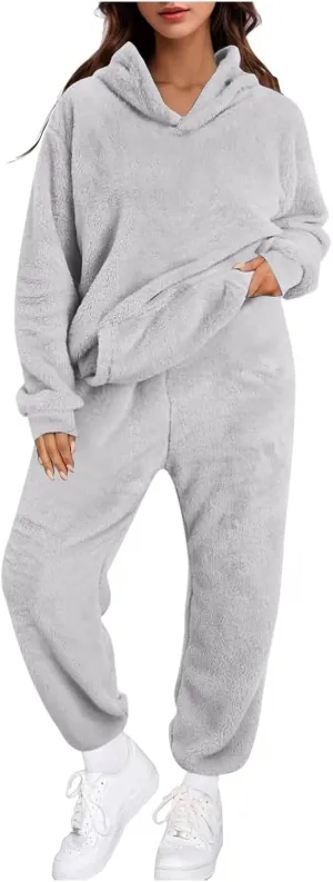 Women's Fuzzy Fleece Sweatsuits Winter Fluffy Loungewear Sleepwear Casual Hoodies and Pants Lounge Pajamas Sets