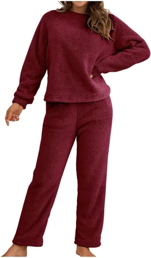 Women's Fuzzy Lounge Sets Casual Pajamas Sets Fleece Pullover and Pants Two Piece Outfits Fluffy Loungewear Sleepwear