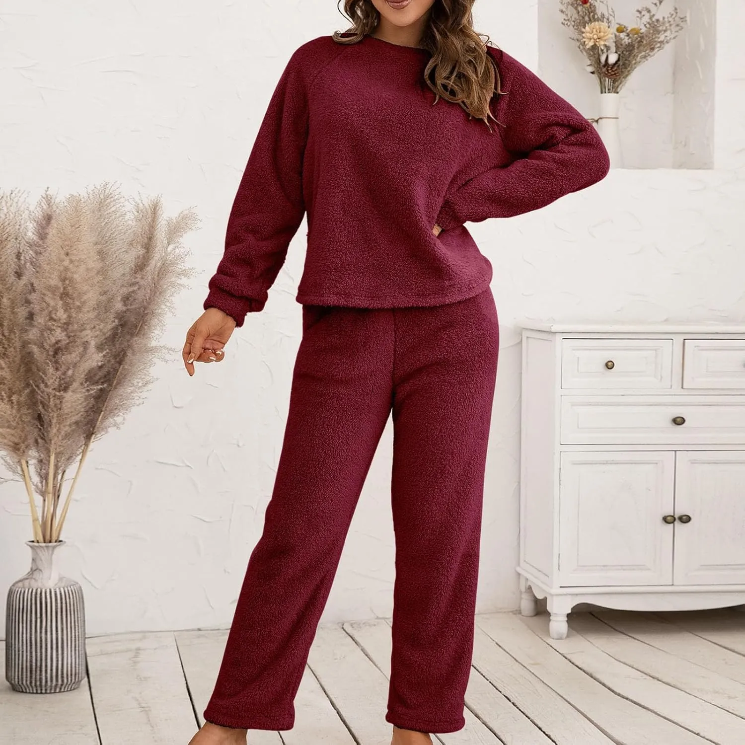 Women's Fuzzy Lounge Sets Casual Pajamas Sets Fleece Pullover and Pants Two Piece Outfits Fluffy Loungewear Sleepwear