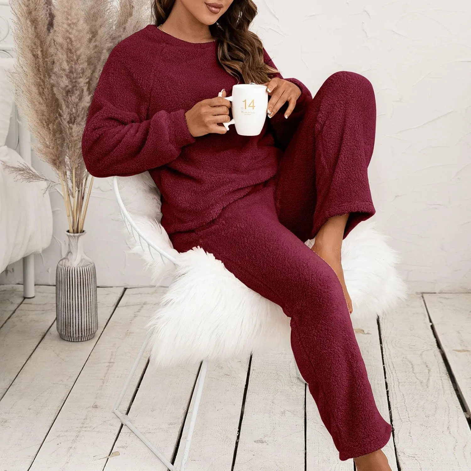 Women's Fuzzy Lounge Sets Casual Pajamas Sets Fleece Pullover and Pants Two Piece Outfits Fluffy Loungewear Sleepwear