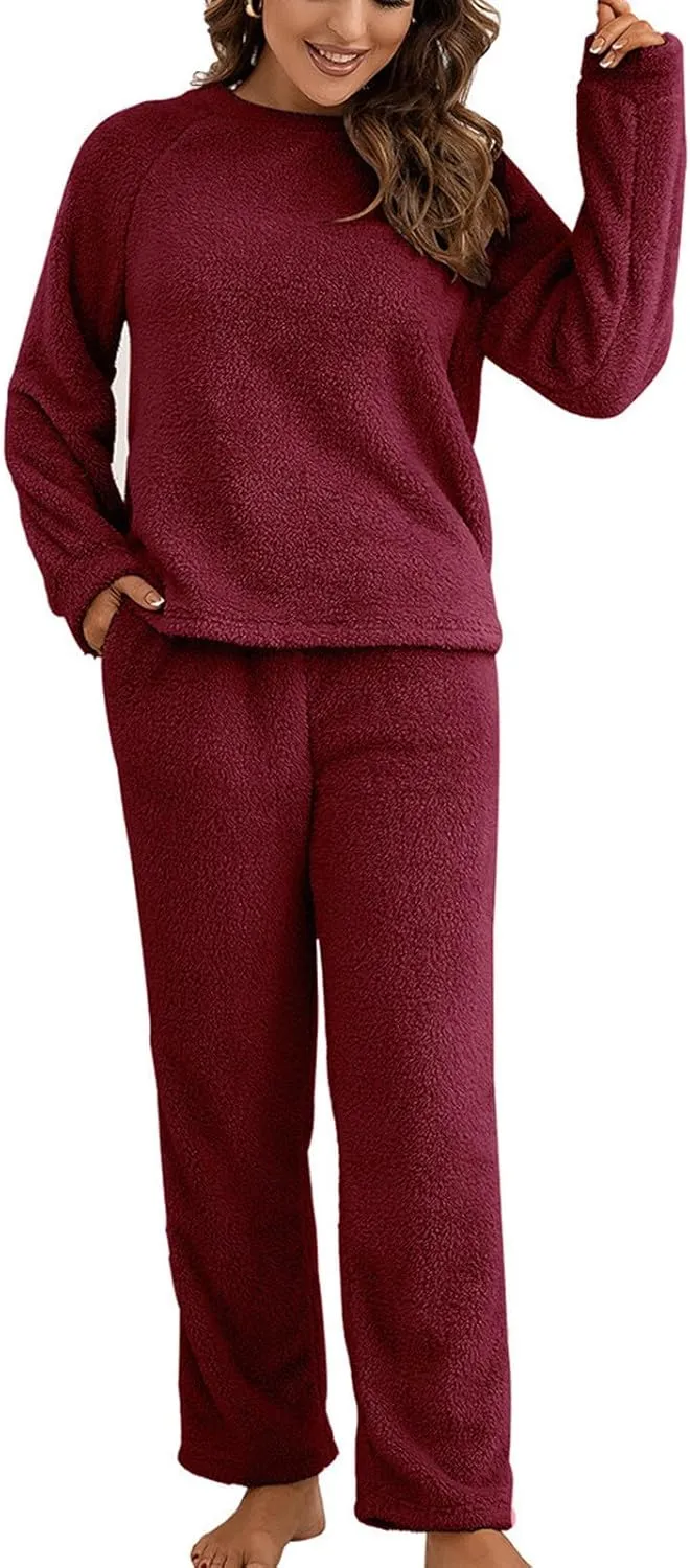 Women's Fuzzy Lounge Sets Casual Pajamas Sets Fleece Pullover and Pants Two Piece Outfits Fluffy Loungewear Sleepwear