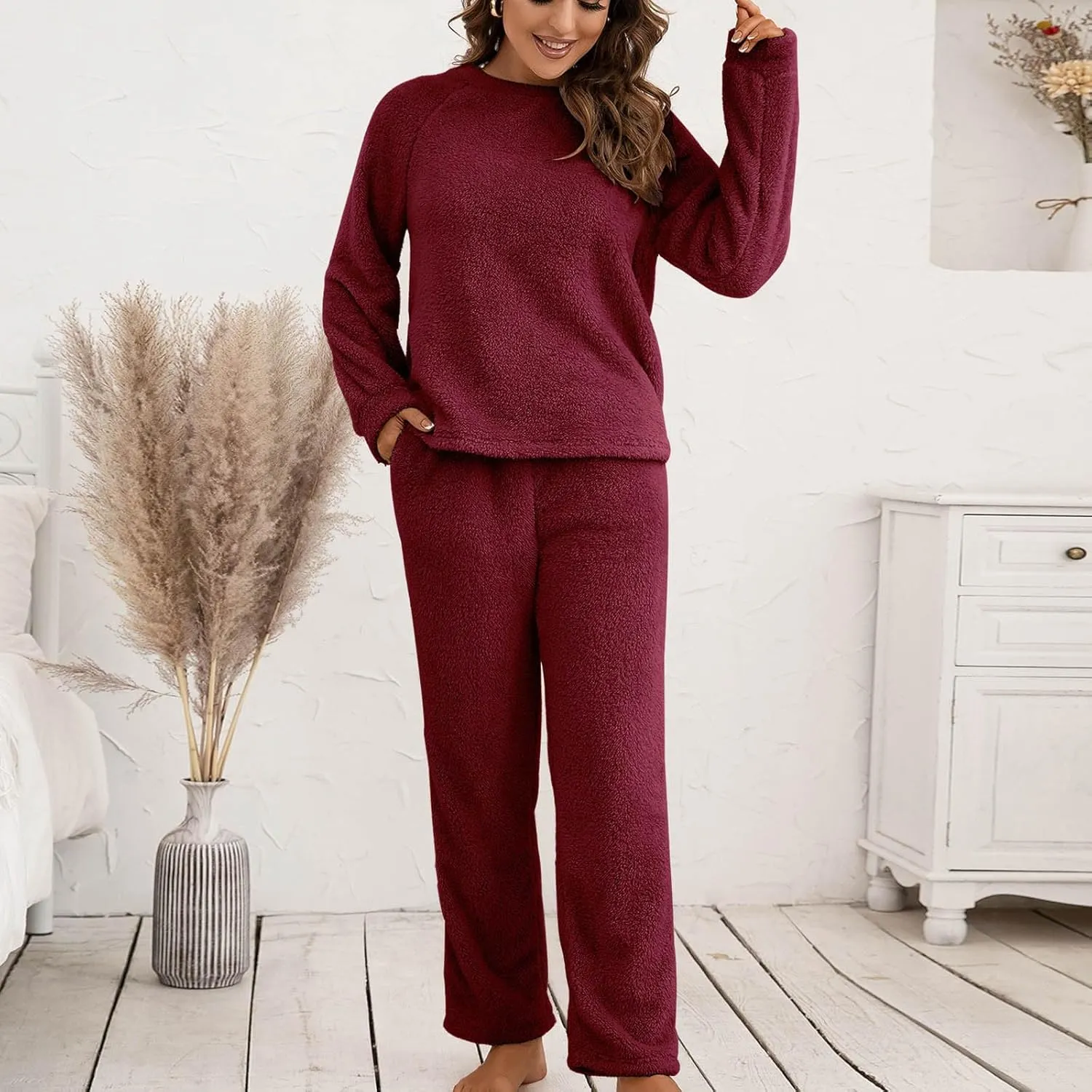 Women's Fuzzy Lounge Sets Casual Pajamas Sets Fleece Pullover and Pants Two Piece Outfits Fluffy Loungewear Sleepwear