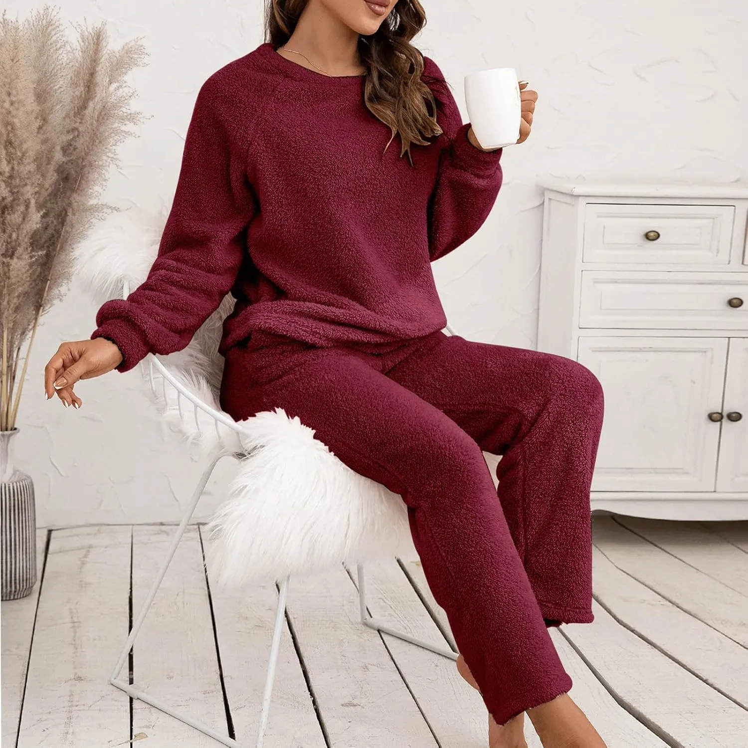 Women's Fuzzy Lounge Sets Casual Pajamas Sets Fleece Pullover and Pants Two Piece Outfits Fluffy Loungewear Sleepwear