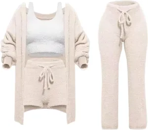 Womens Fuzzy Pajama Set 4 Piece Lounge Set Plush Cozy Knit Set Fleece Pajamas Cardigan Crop Top Shorts Pants Trousers