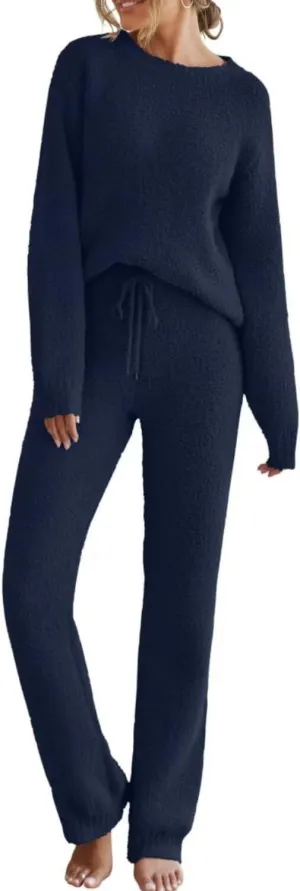 Women's Fuzzy Pajamas Sets Long Sleeve Lounge Casual Fleece Set 2 Piece Knit Loungewear Sleepwear