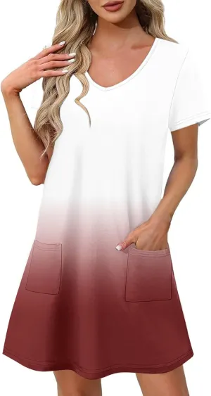 Womens Gradient Summer Dresses 2025 Short Sleeve V Neck Shift Casual Dress Beach Vacation Sundress