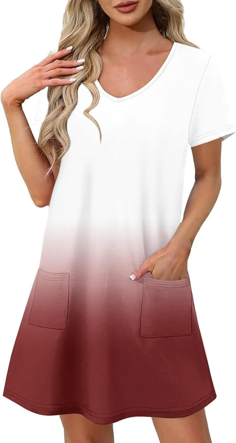 Womens Gradient Summer Dresses 2025 Short Sleeve V Neck Shift Casual Dress Beach Vacation Sundress