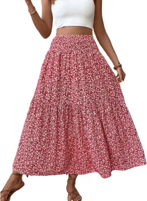 Womens High Elastic Waisted Skirts Summer Pleated Floral A-Line Midi Skirts Lightweight Boho Swing Flowy Skirt