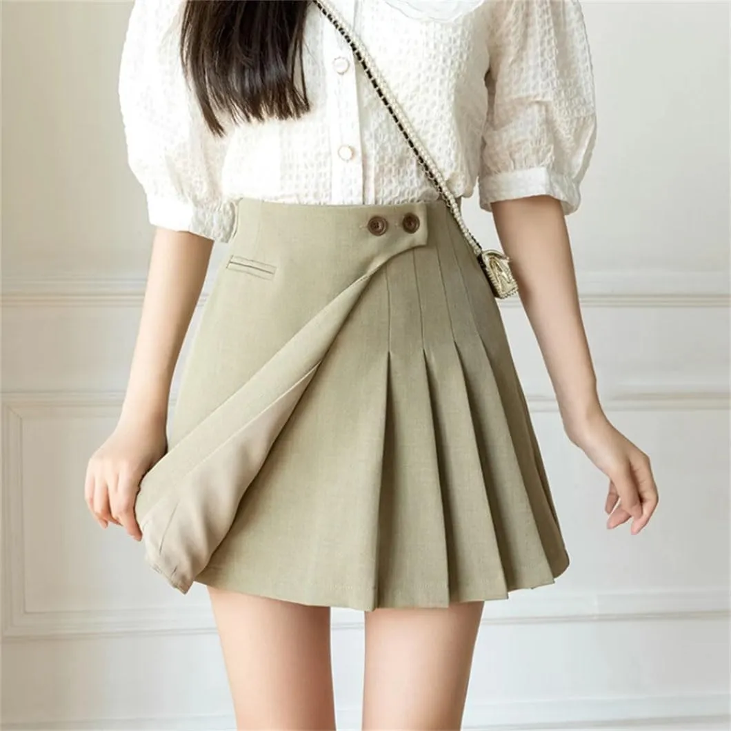 Womens High Waist A-Line Mini Pleated Skirt Button Short Skirts Casual Skirts