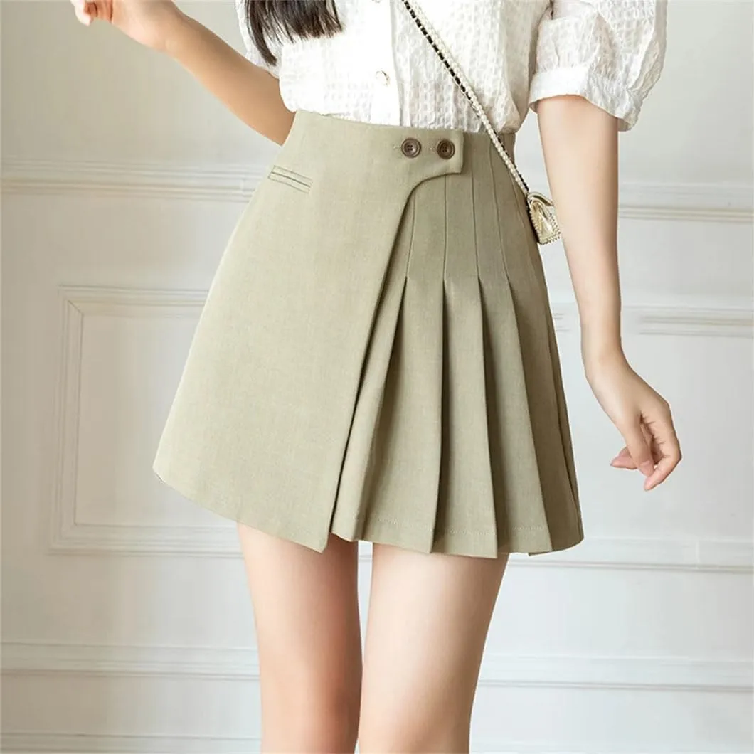 Womens High Waist A-Line Mini Pleated Skirt Button Short Skirts Casual Skirts
