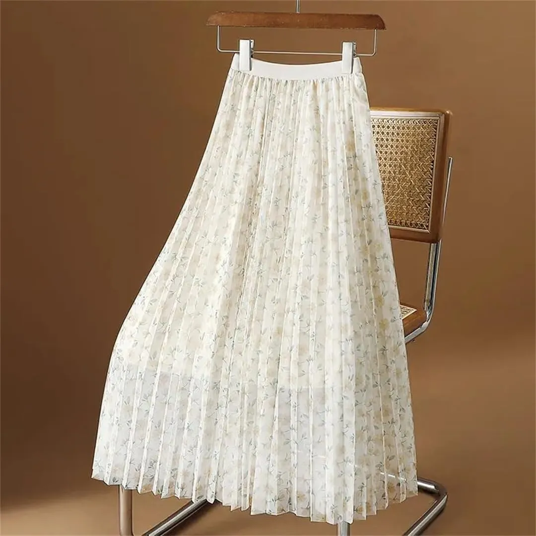 Women's High Waist Elastic Loose Mesh Pleated Korean A-Line Printed Commuter Skirt