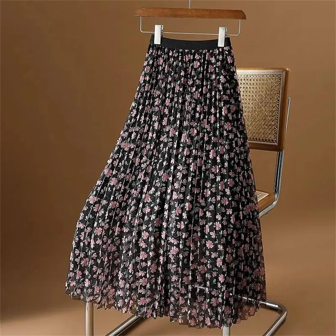 Women's High Waist Elastic Loose Mesh Pleated Korean A-Line Printed Commuter Skirt