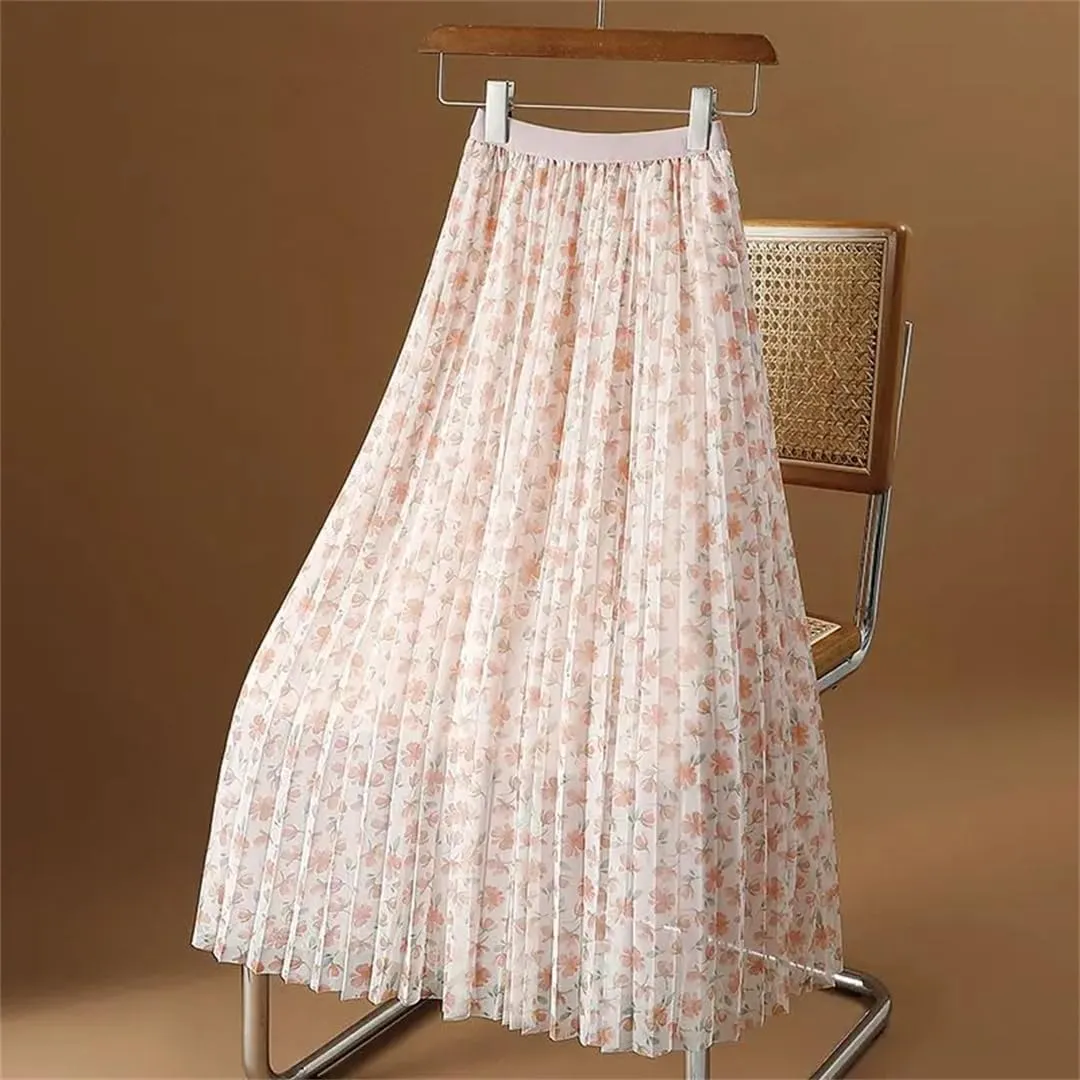 Women's High Waist Elastic Loose Mesh Pleated Korean A-Line Printed Commuter Skirt