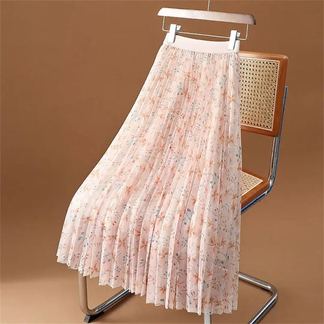 Women's High Waist Elastic Loose Mesh Pleated Korean A-Line Printed Commuter Skirt