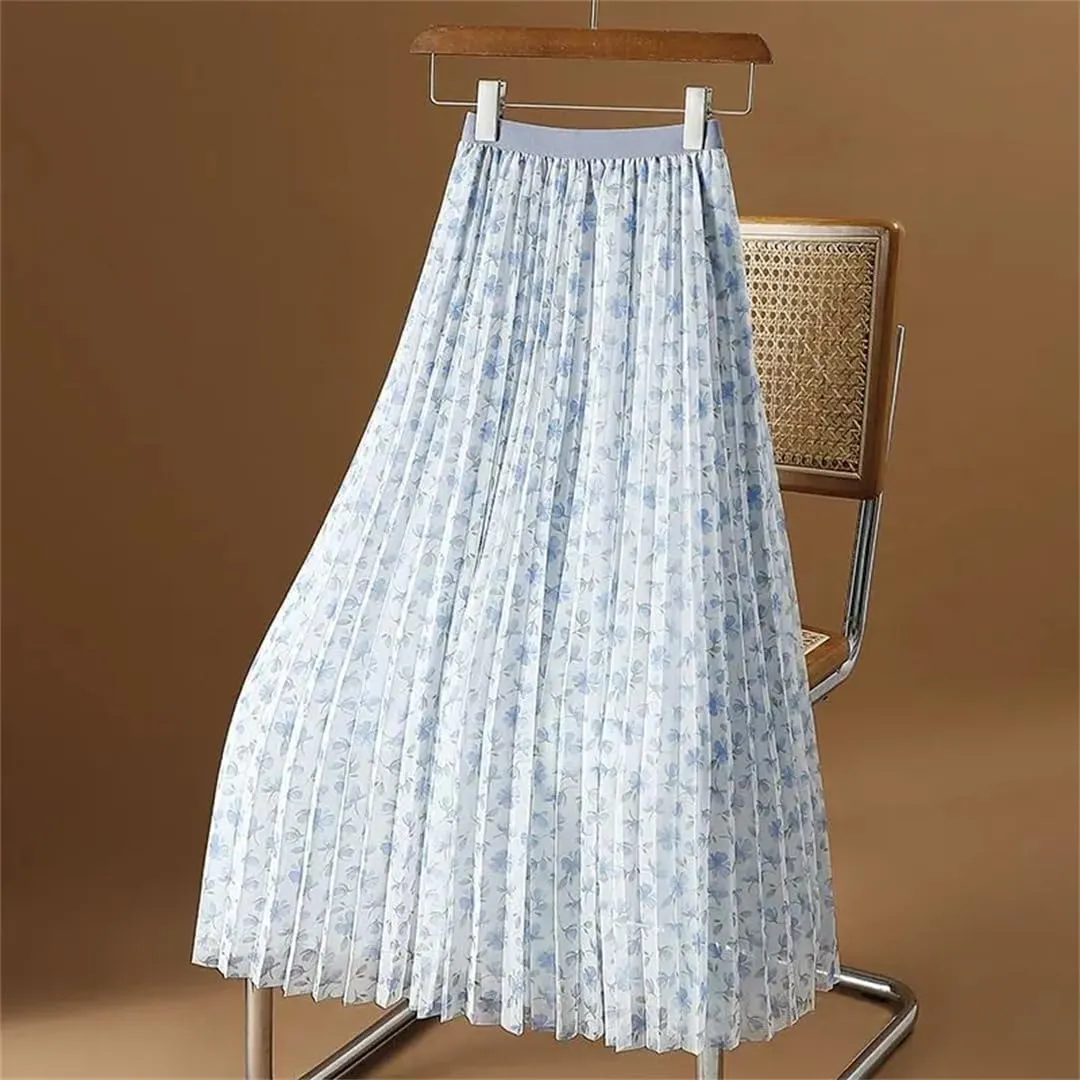 Women's High Waist Elastic Loose Mesh Pleated Korean A-Line Printed Commuter Skirt