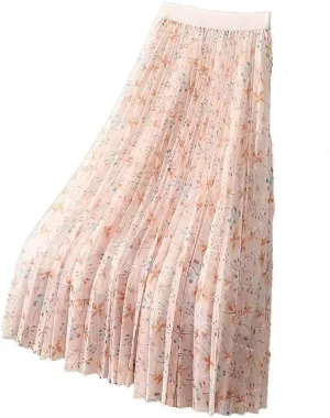 Women's High Waist Elastic Loose Mesh Pleated Korean A-Line Printed Commuter Skirt