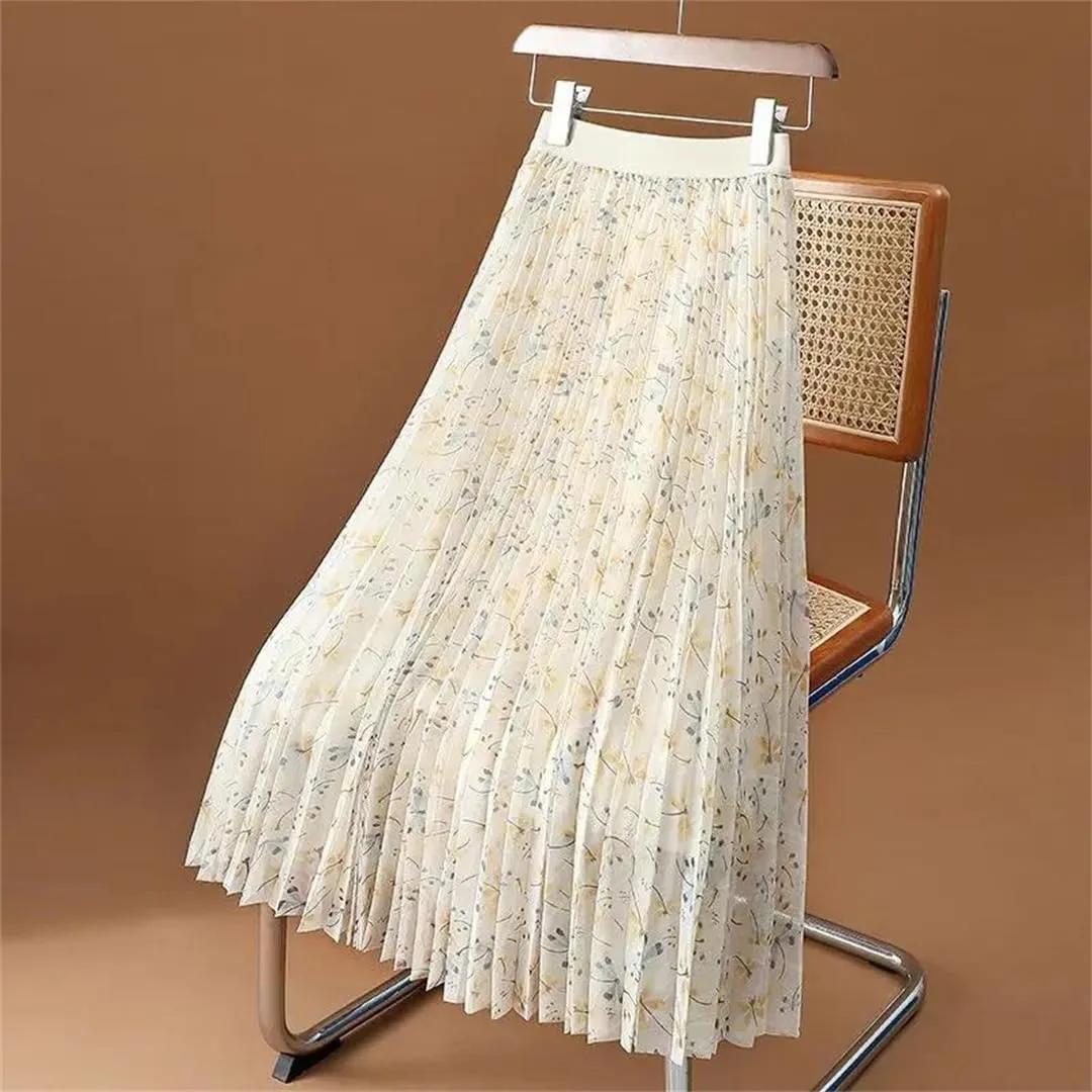 Women's High Waist Elastic Loose Mesh Pleated Korean A-Line Printed Commuter Skirt