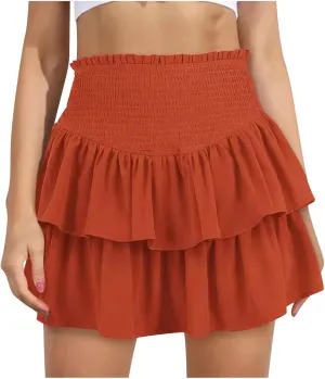 Women's High Waisted Active Short Skirts Layered Ruffle Pleated Stretch Waist Gym Workout Mini Skirt