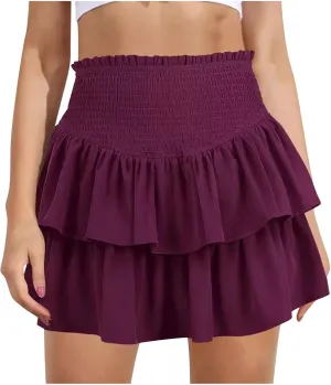 Women's High Waisted Active Short Skirts Layered Ruffle Pleated Stretch Waist Gym Workout Mini Skirt