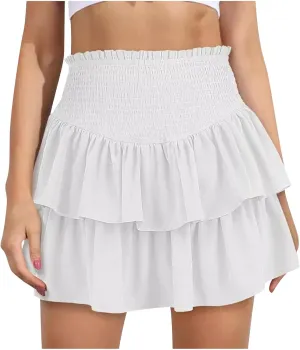 Women's High Waisted Active Short Skirts Layered Ruffle Pleated Stretch Waist Gym Workout Mini Skirt